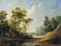 Georg Melchior Kraus, BEWALDETE LANDSCHAFT MIT WANDERNDEM PAAR., Signiert unten rechts: M. Kraus. Öl auf Holz