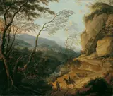 Cornelis Matthieu, GEBIRGSLANDSCHAFT MIT REITERN UND WANDERERN., Monogrammiert unten links: CM. Öl auf Leinwand (doubliert)
