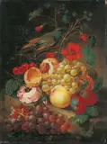 Johann Nepomuk Mayrhofer, ZWEI STILLLEBEN MIT FRÜCHTEN, BLUMEN UND VOGEL., Öl auf Holz (parkettiert). Je