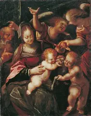 HEILIGE FAMILIE MIT JOHANNESKNABEN. by Prague School, Öl auf Leinwand, sold Nov 2007