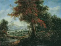 Monogrammist AF, WALDLANDSCHAFT MIT FLUSS UND REITERN., Monogrammiert unten Mitte: AF. Öl auf Holz
