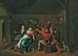 Jan Miense Molenaer, WIRTSHAUSSZENE MIT ZECHERN UND MUSIKANTEN., Signiert unten Mitte (auf dem Schemel): JMolenaer. Öl auf Holz
