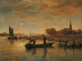 Aert van der Neer, FLUSSLANDSCHAFT IM MONDSCHEIN MIT FISCHERN, DIE IHR NETZ EINHOLEN.