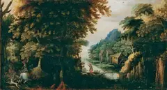 FLUSSLANDSCHAFT MIT JÄGERN. by Netherlandish School, Öl auf Holz (parkettiert), sold Nov 2007