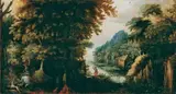 Netherlandish School, FLUSSLANDSCHAFT MIT JÄGERN., Öl auf Holz (parkettiert)