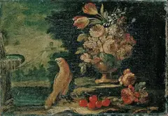 BLUMENSTILLLEBEN MIT VOGEL. by Netherlandish School, Öl auf Leinwand, sold Nov 2007