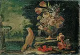 Netherlandish School, BLUMENSTILLLEBEN MIT VOGEL., Öl auf Leinwand