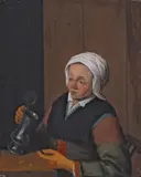 Nachfolge Adriaen van Ostade, BÄUERIN MIT ZINNKRUG., Öl auf Holz