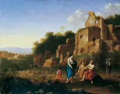 RUINENLANDSCHAFT MIT NYMPHEN UND HIRTEN. by Cornelis van Poelenburgh, Öl auf Holz, sold Nov 2007