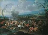 ZWEI LANDSCHAFTEN MIT REITERGEFECHT. by Georg Philipp Rugendas the Younger, Öl auf Holz, sold Nov 2007