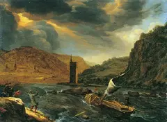 Herman Saftleven, RHEINLANDSCHAFT MIT MÄUSETURM BEI BINGEN., Öl auf Holz