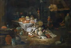 Peter Snyers, KÜCHENINTERIEUR MIT ZWEI PERSONEN AM FEUER UND REICHEM STILLEBEN., Öl auf Leinwand