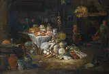 Peter Snyers, KÜCHENINTERIEUR MIT ZWEI PERSONEN AM FEUER UND REICHEM STILLEBEN., Öl auf Leinwand