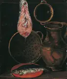 Umkreis Sebastian Stoskopff, STILLLEBEN MIT FISCHEN UND TONGEFÄSSEN., Undeutlich monogrammiert unten rechts: J E (?) Öl auf Holz (parkettiert)
