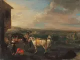 Umkreis Philips Wouwerman, LANDSCHAFT MIT EINER VORNEHMEN REISEGESELLSCHAFT., Monogrammiert unten rechts (neben dem Hund): P w. Öl auf Holz (parkettiert)