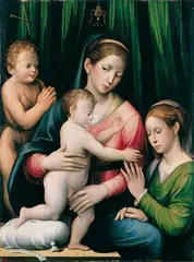 Francesco da Cotignola, DIE MYSTISCHE VERMÄHLUNG DER HL. KATHARINA., Links unten auf weißem Band signiert und datiert: Francesco Zanganelli da Cottignola anno 1527. Öl auf Holz