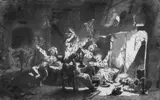 Cornelis Dusart, FRÖHLICHE GESELLSCHAFT AM KAMIN., Tusche in Braun auf Papier