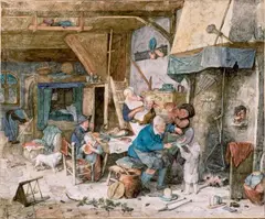Cornelis Dusart, SIEBENKÖPFIGE FAMILIE AM GEDECKTEN TISCH., Rechts auf einem Holzbrett signiert und datiert: Corn. Dusart. fe 1693. Aquarell auf hellem Pergament