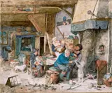 Cornelis Dusart, SIEBENKÖPFIGE FAMILIE AM GEDECKTEN TISCH., Rechts auf einem Holzbrett signiert und datiert: Corn. Dusart. fe 1693. Aquarell auf hellem Pergament