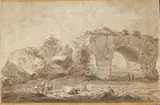 Netherlandish School, LANDSCHAFT MIT HIRTEN UND AQUÄDUKT-RUINE., Feder und Tusche in Braun