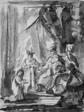 Rembrandt school, TEMPELSZENE., Tusche in Braun auf geripptem Papier