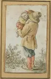 Herman Saftleven, BAUER MIT KIND., Monogrammiert: HS ligiert. Kreide in Schwarz, farbige Lavierung auf geripptem Papier