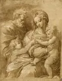 zugeschrieben Perino del Vaga, HEILIGE FAMILIE MIT JOHANNES., Feder und Pinsel in Braun, weiß gehöht, auf geripptem Papier, alt montiert