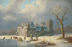 Caesar Bimmermann, WINTERLANDSCHAFT MIT EINER BURG UND EISLÄUFERN., Signiert unten links: Bimmermann. Öl auf Leinwand