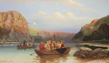 RHEINLANDSCHAFT MIT ANSICHT DER LORELEY. by Christian Eduard Boettcher, Signiert und datiert unten links: C. E. Boettcher. pxt. 1886. Öl auf Leinwand (doubliert), sold Nov 2007