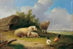 Auguste Coomans, LANDSCHAFT MIT SCHAFEN UND HÜHNERN, Öl auf Holz