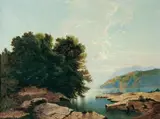 Wilhelm Erhardt, LANDSCHAFT AM MEER., Signiert und datiert unten rechts: W. Erhardt 1867. Öl auf Leinwand (doubliert)