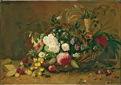 Hendrika Floris, BLUMENSTILLLEBEN MIT KORB., Signiert und datiert unten rechts (auf dem Stein): Hendr. Floris 74. Öl auf Leinwand