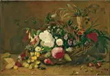 Hendrika Floris, BLUMENSTILLLEBEN MIT KORB., Signiert und datiert unten rechts (auf dem Stein): Hendr. Floris 74. Öl auf Leinwand