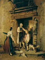 Théodore Gérard, LEHRER MIT EINEM SCHÜLER UND DESSEN MUTTER VOR DEM KLASSENZIMMER., Signiert unten links: Theodor Gerard. Öl auf Leinwand