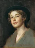 Rudolf Hirth du Frênes, BILDNIS EINER JUNGEN FRAU MIT HUT., Signiert unten rechts: Rud. Hirth du Frênes. Öl auf Leinwand (unter Glas gerahmt)
