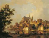 Bartholomeus van Hove, ANSICHT EINER STADT AM FLUSS., Signiert und datiert unten links (auf dem Zaun): van Hove 1846. Öl auf Leinwand (doubliert)