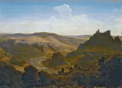 FLUSSLANDSCHAFT MIT BURGEN UND EINER BEFESTIGTEN STADT. by Karl Friedrich Lessing, Monogrammiert und datiert unten rechts: C.F.L. 40. Öl auf Holz, sold Nov 2007