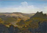 Karl Friedrich Lessing, FLUSSLANDSCHAFT MIT BURGEN UND EINER BEFESTIGTEN STADT., Monogrammiert und datiert unten rechts: C.F.L. 40. Öl auf Holz