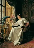 Ernst Meisel, JUNGE FRAU MIT PAPAGEI., Signiert unten links: E. Meisel. Öl auf Leinwand