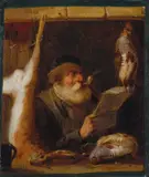 Meno Mühlig, PFEIFERAUCHENDER WILDBRETVERKÄUFER., Signiert unten links: M. Mühlig. Öl auf Leinwand