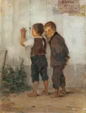 Hugo Oehmichen, ZWEI NEUGIERIGE KNABEN AN DER ZIRKUSWAND., Signiert unten rechts: H. Oehmichen. Öl auf Leinwand