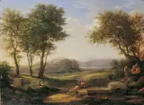 KlASSISCHE LANDSCHAFT MIT ZWEI RUHENDEN, ANTIK GEKLEIDETEN MÄNNERN. by Johann Christian Reinhart, Rückseitig mit Tinte auf dem Holz bezeichnet: Reinhart Roma 1810. Öl auf Holz, sold Nov 2007