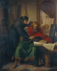 Otto Rethel, ALKUIN LEHRT KAISER KARL DEN GROSSEN DAS SCHREIBEN., Signiert und datiert Mitte rechts: O. Rethel 1847. Öl auf Leinwand