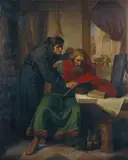 Otto Rethel, ALKUIN LEHRT KAISER KARL DEN GROSSEN DAS SCHREIBEN., Signiert und datiert Mitte rechts: O. Rethel 1847. Öl auf Leinwand