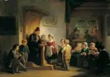 Henricus Engelbertus Reijntjens, UNTERRICHT IN DER DORFSCHULE., Signiert und datiert unten rechts: E. Reyntjens 1863. Verso Klebeetikett der Galerie Barker & Co., London. Öl auf Holz