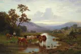Gustav Richter, HARZLANDSCHAFT MIT KUHHERDE AN DER TRÄNKE, Öl auf Leinwand
