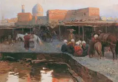 Franz Aleksejewitsch Roubaud, KARAWANSEREI IN SAMARKAND., Signiert unten rechts: F. Roubaud. Öl auf Leinwand (doubliert)