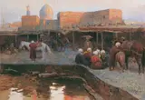 Franz Aleksejewitsch Roubaud, KARAWANSEREI IN SAMARKAND., Signiert unten rechts: F. Roubaud. Öl auf Leinwand (doubliert)