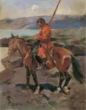 Franz Aleksejewitsch Roubaud, KAUKASISICHER REITER, Öl auf Leinwand, auf Hartfaserplatte aufgezogen