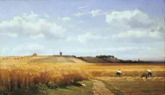 LANDSCHAFT MIT BAUERN BEI DER GETREIDEERNTE. by Edmond de Schampheleer, Signiert unten links: E. de Schampheleer. Öl auf Leinwand, sold Nov 2007